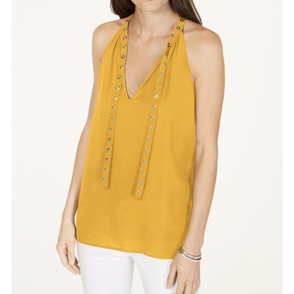 Michael‎ Kors Grommet Trim Tie Sleeveless Tank Top Yellow V-Neck Flowy Blouse